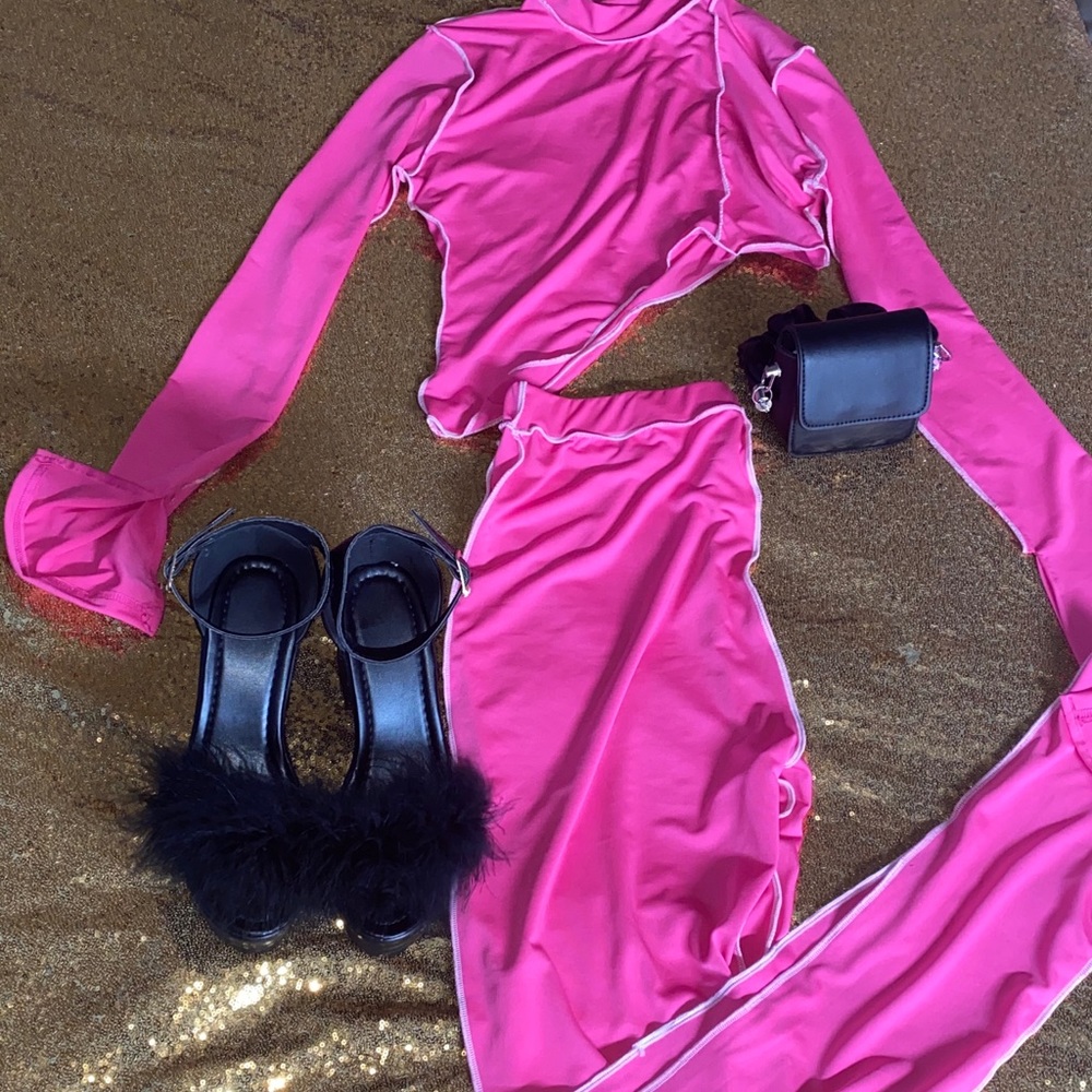 Pink Sexy long sleeve turtle neck 2- Piece set